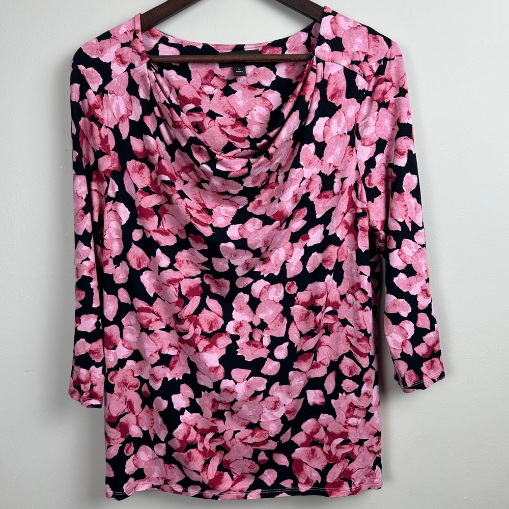 Dana Buchman Women's L Pink Floral Cowl Neck Top 3/4 Sleeve Stretch